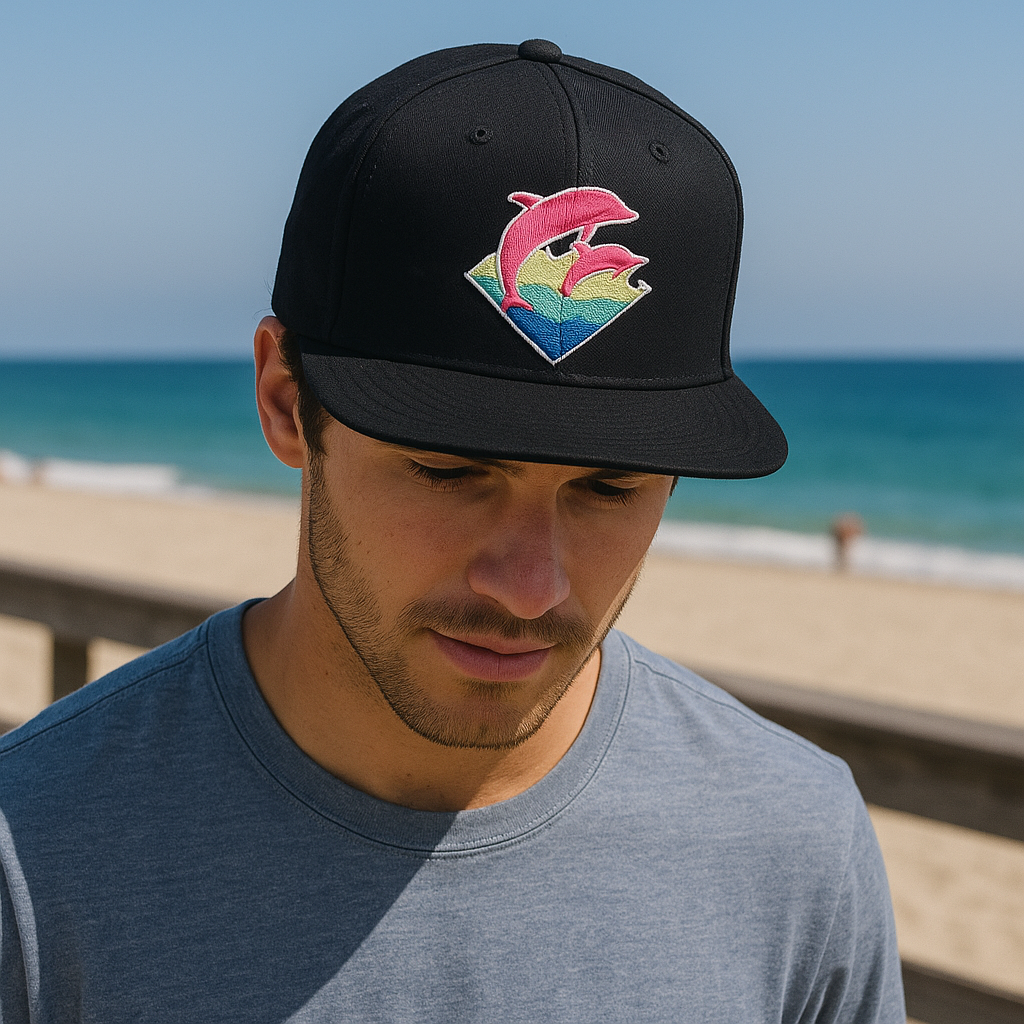 Black Flat Brim Snapback Hat with Pink Dolphin 3D Embroidery