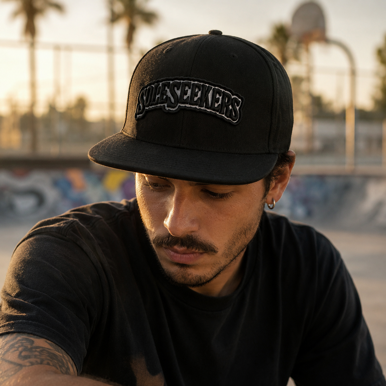 Black 6-Panel Snapback Hat with Raised Sole Seekers Embroidery