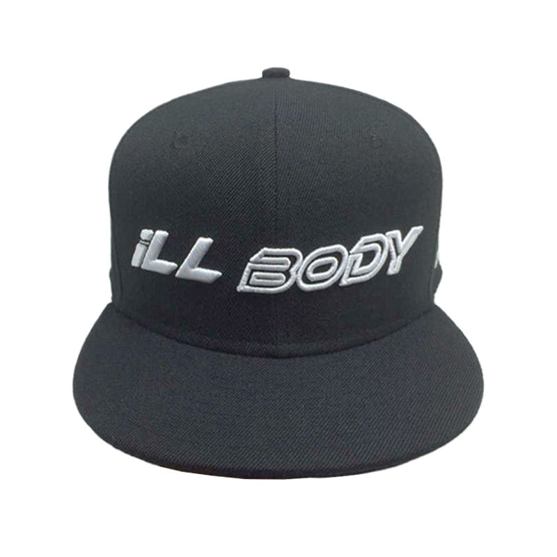 Black Flat Brim 6-Panel Snapback Cap with Raised Logo Embroidery