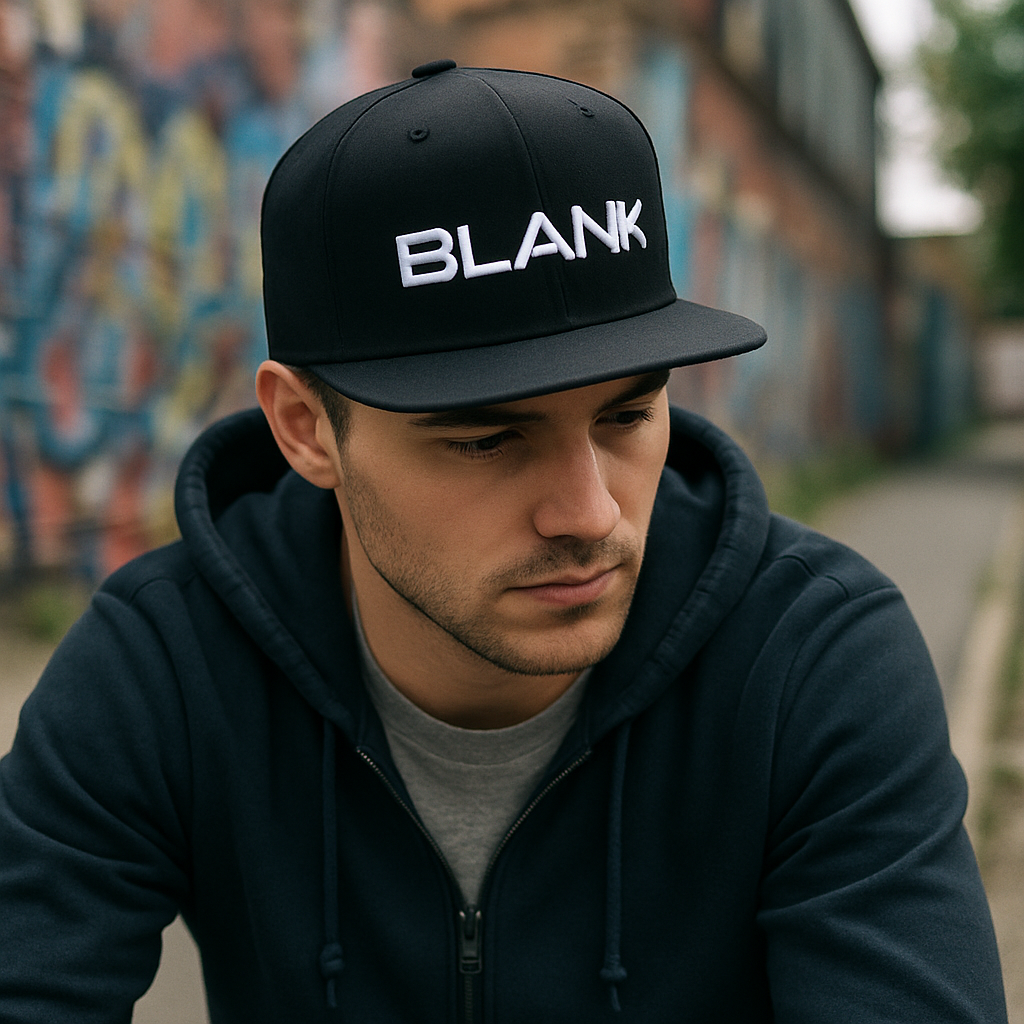 BLANK Text Embroidered Snapback Hat – Black 6-Panel Cap