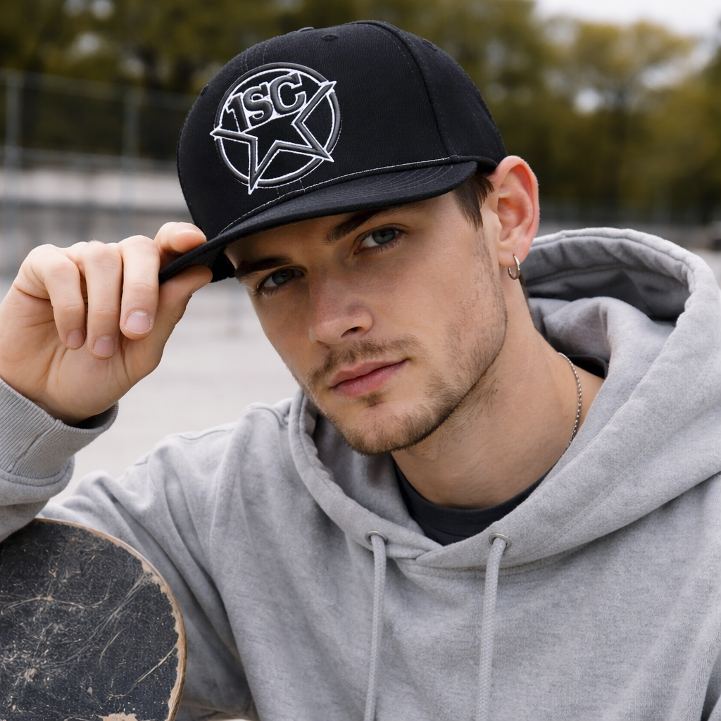 Black Flat Brim Snapback Cap with 3D Star Embroidery – Urban 6 Panel Hat