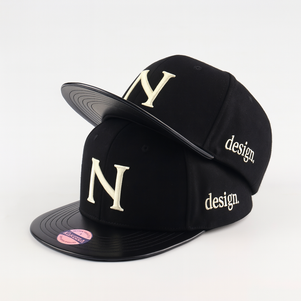 Custom N Design Embroidered Snapback – Black 6 Panel Flat Brim Hat