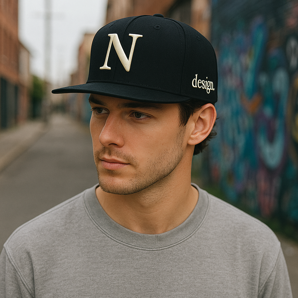 Custom N Design Embroidered Snapback – Black 6 Panel Flat Brim Hat