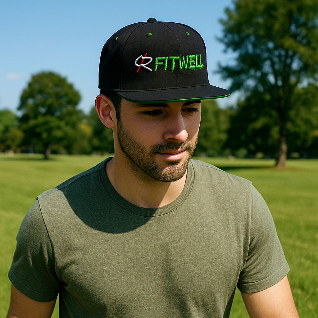 FITWELL Logo Embroidered Black Flat Brim Hat – Custom Green Detail Cap