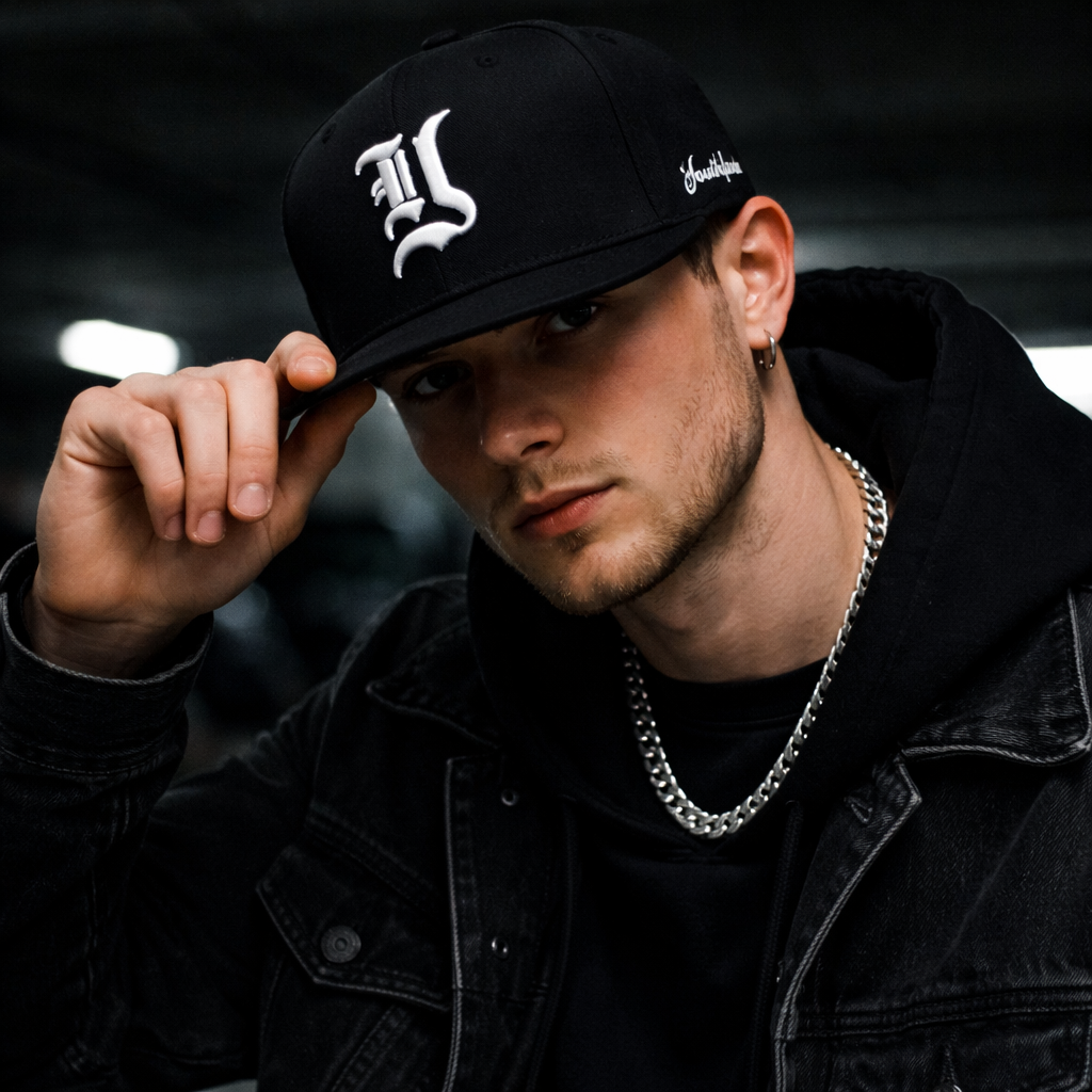 Black Flat Brim Snapback Cap with Gothic Letter Embroidery Street Style Hat