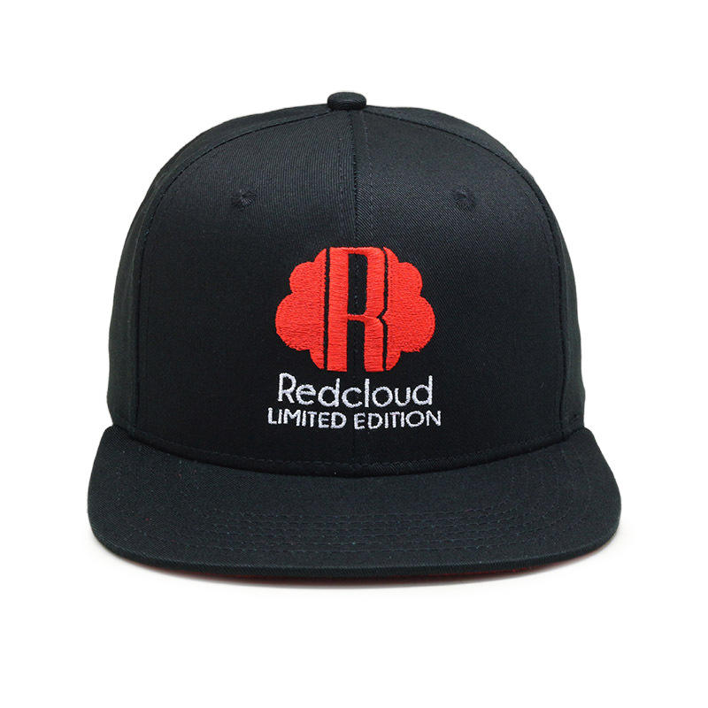 Black Six-Panel Flat Brim Snapback Cap with Redcloud Embroidery