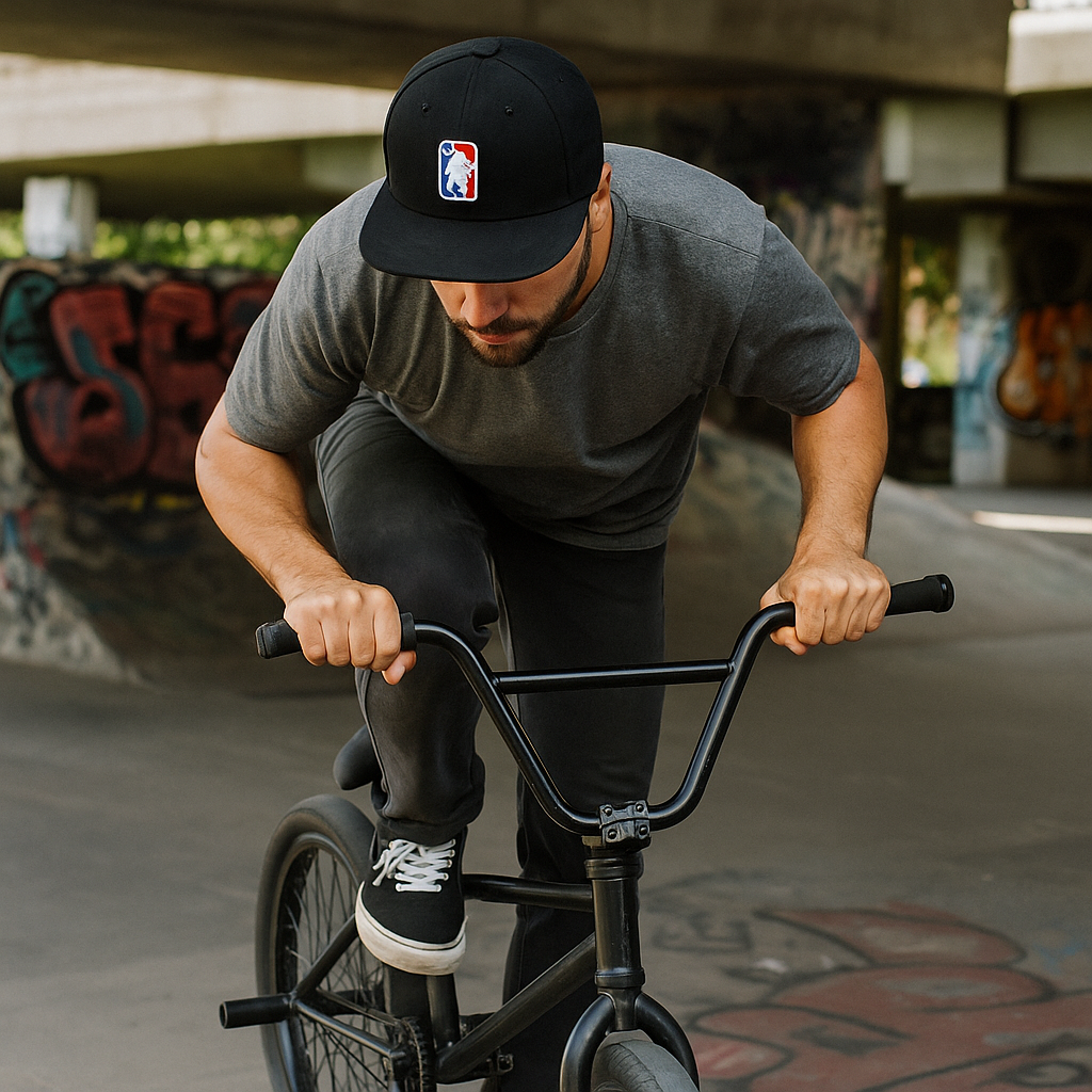 Bike Trick Embroidered Flat Brim Snapback Hat