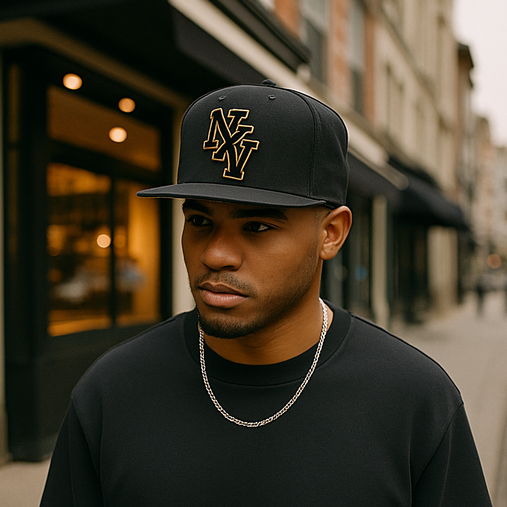 NZY Monogram Black Snapback Hat with Yellow Accent Embroidery