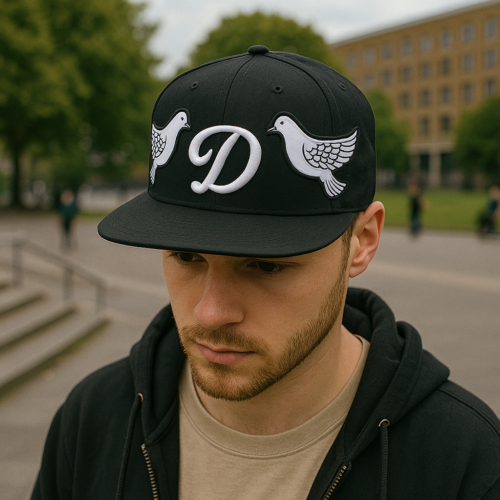 Black Snapback Cap with 3D “D” Embroidery and Flying Dove Patches – Streetwear Flat Brim Hat