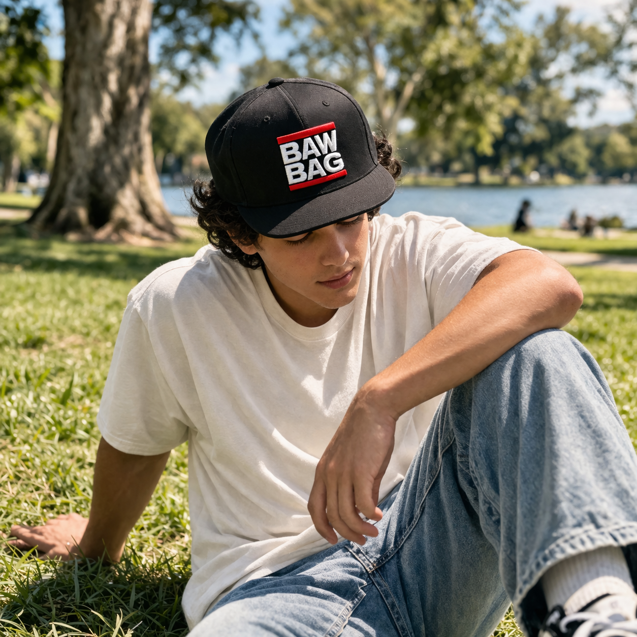 BAW BAG Black Flat Brim 3D Embroidered Snapback Cap