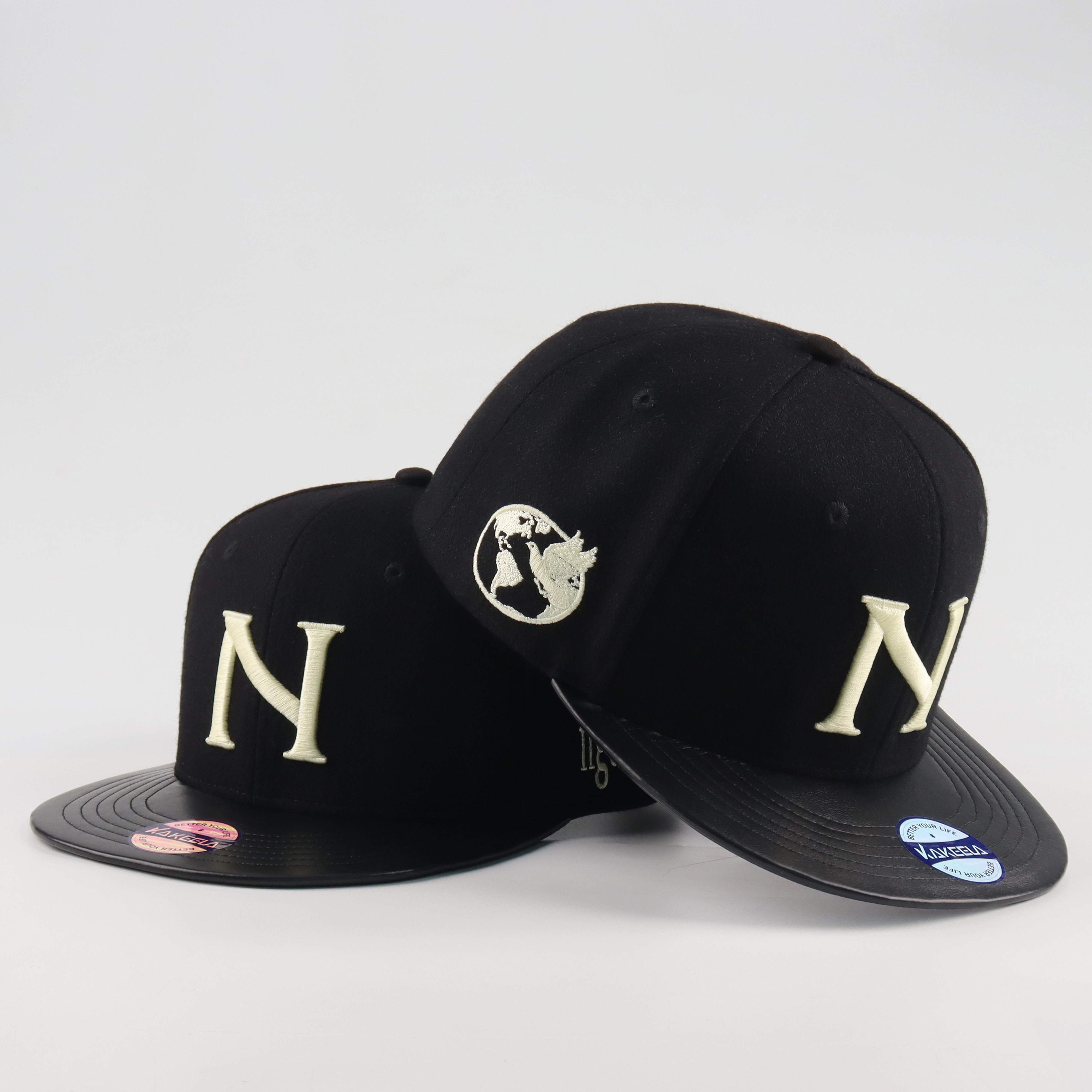 Custom N Design Embroidered Snapback – Black 6 Panel Flat Brim Hat
