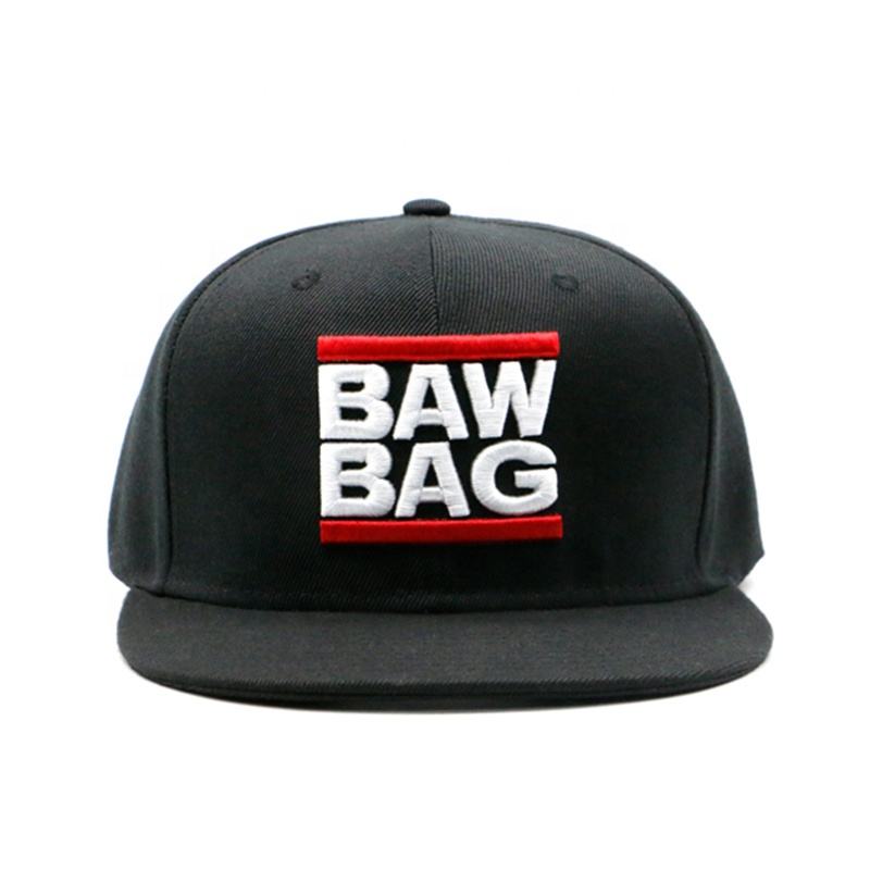 BAW BAG Black Flat Brim 3D Embroidered Snapback Cap