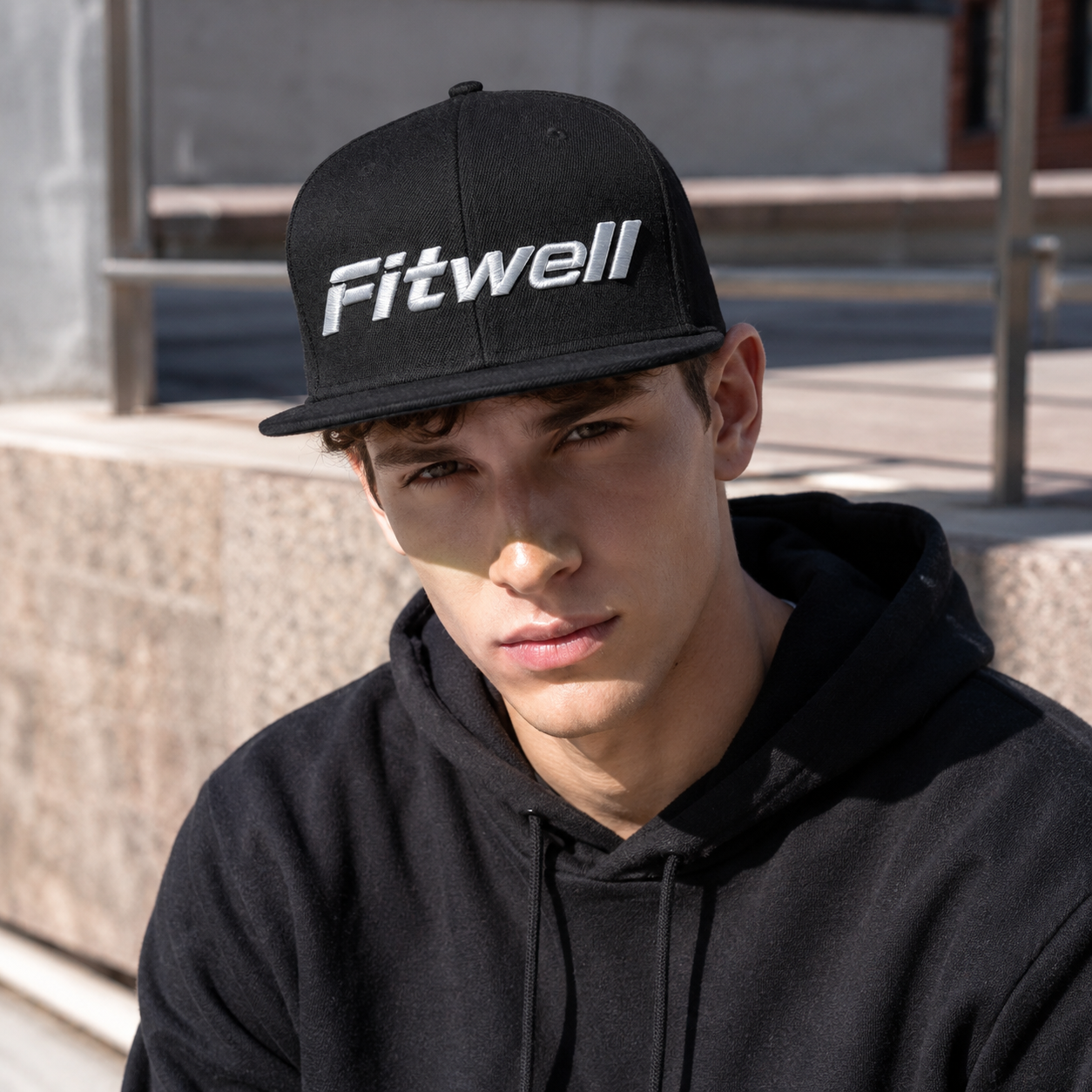 Black Flat Brim 6-Panel Snapback Cap with Raised Logo Embroidery