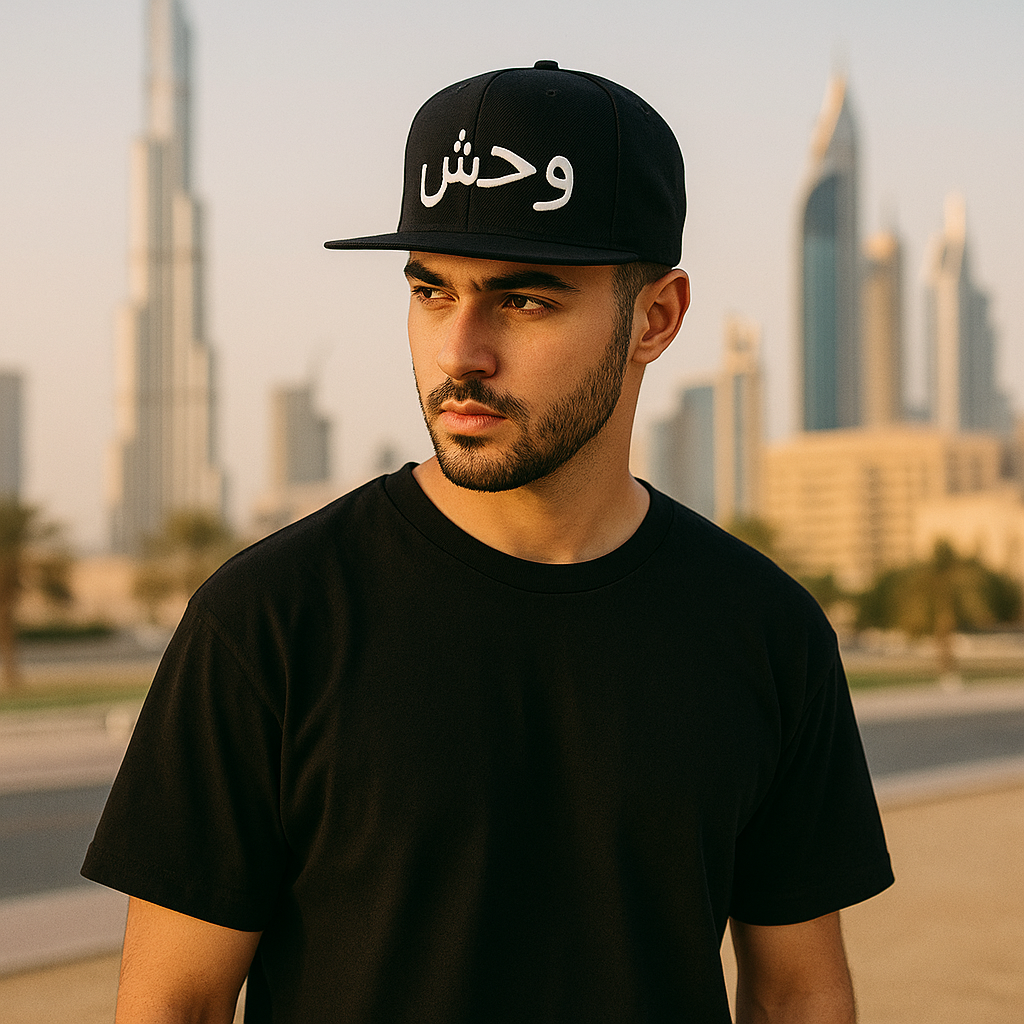 Black Arabic Embroidered Snapback Hat – “وحش” Streetwear Flat Brim Cap
