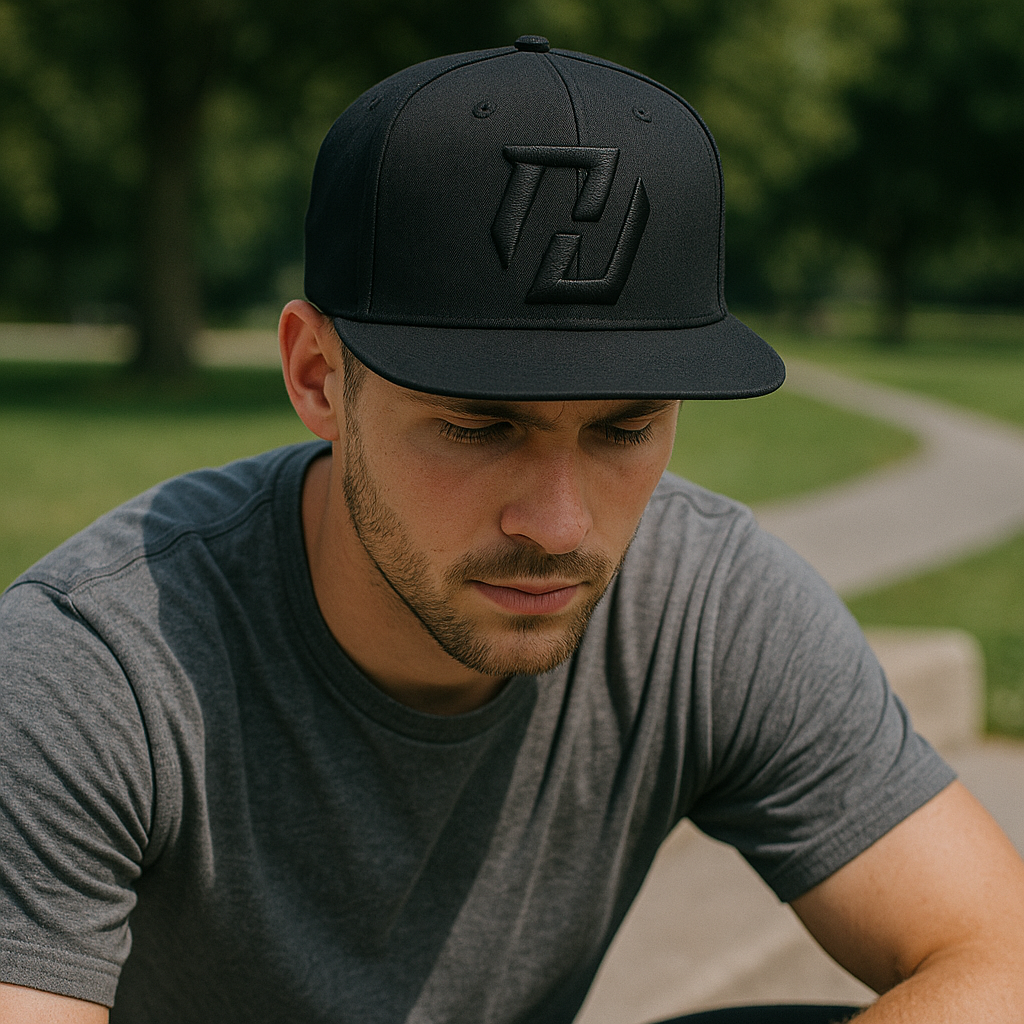 Premium All-Black Flat Brim Snapback Hat with Bold 3D Logo Embroidery