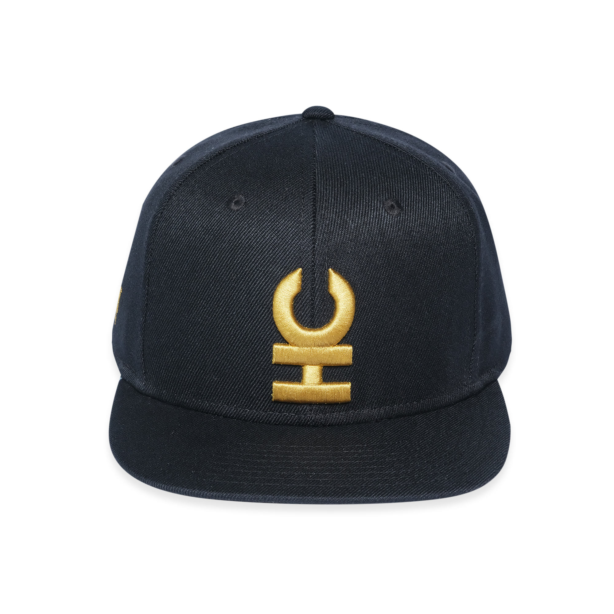 Black 6-Panel Snapback Hat with Bold Gold 3D Embroidery