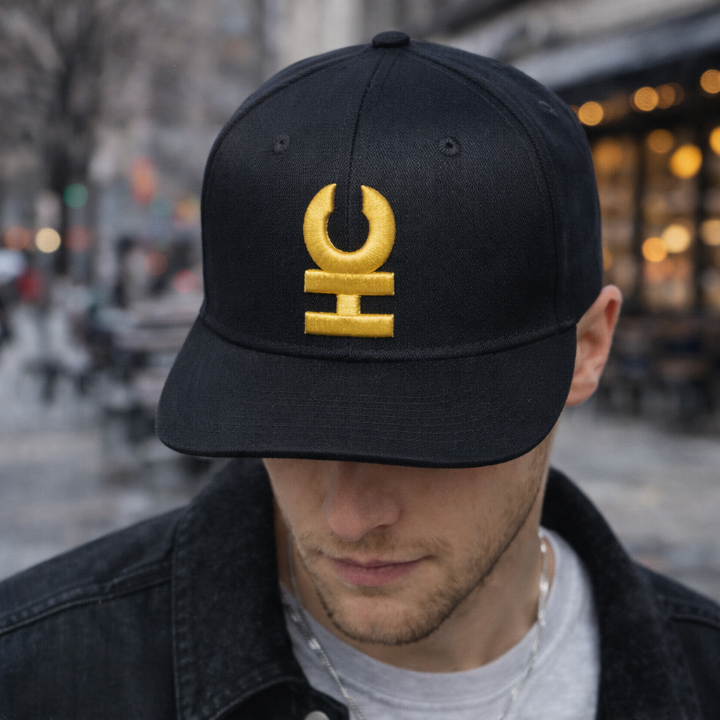 Black 6-Panel Snapback Hat with Bold Gold 3D Embroidery