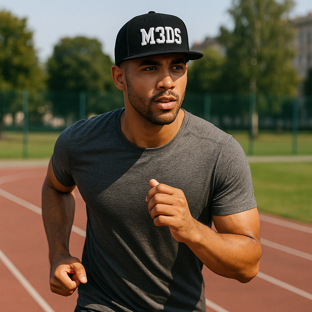 M3DS Embroidered Flat Brim Snapback Hat – Black 6-Panel Adjustable Cap