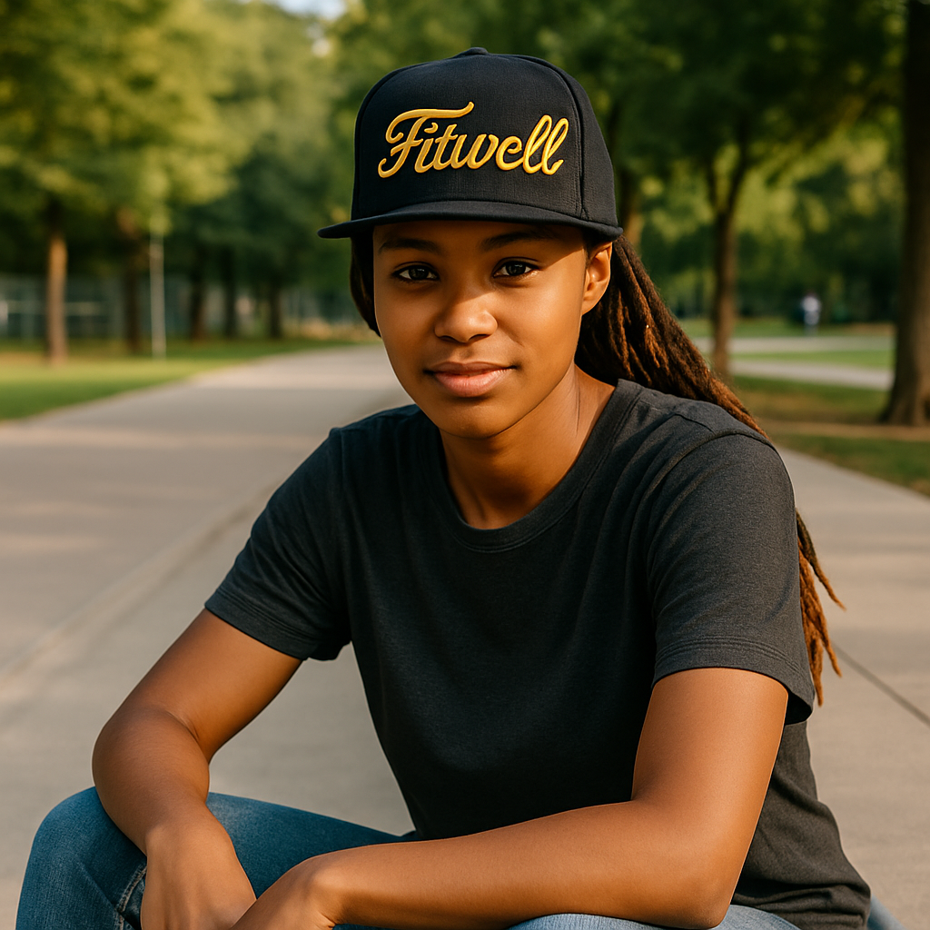 Fitwell Script Gold 3D Embroidery Snapback Hat – Black 6-Panel Cap