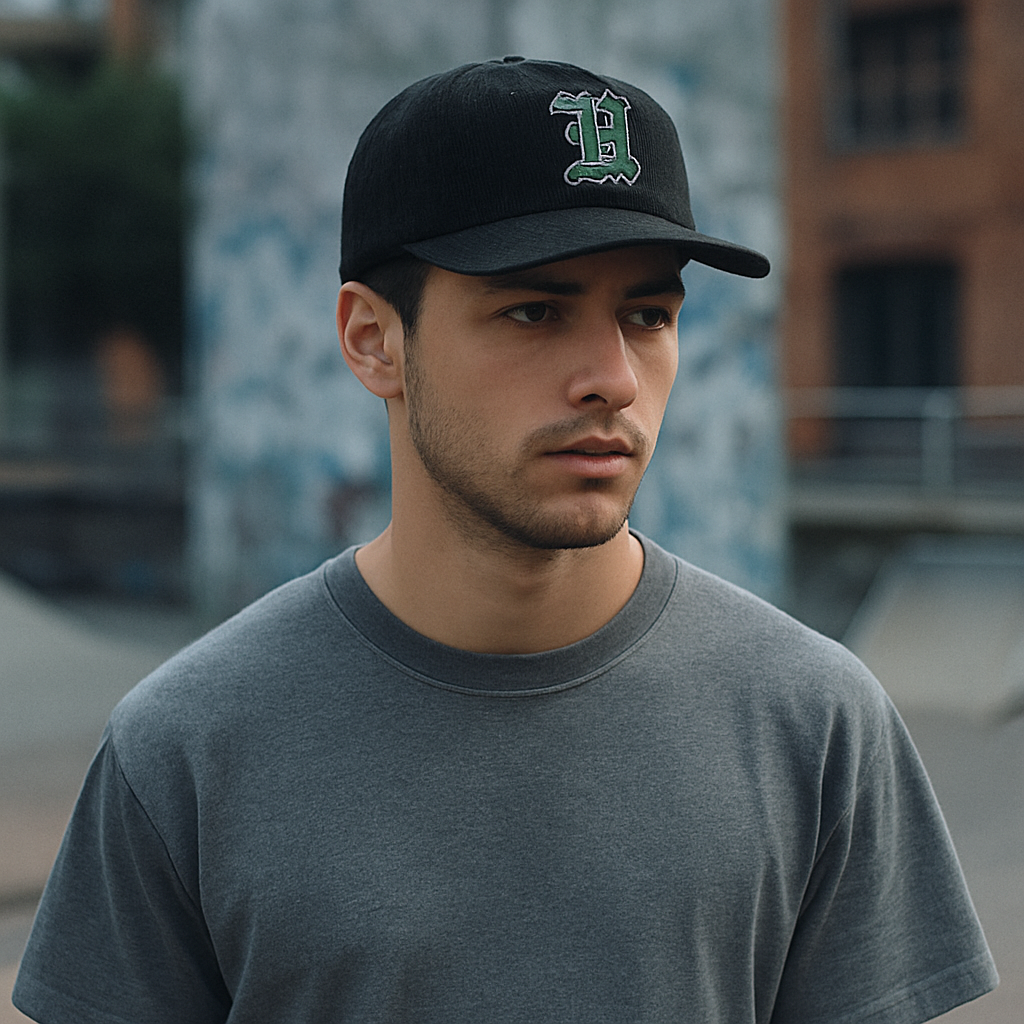 Corduroy Snapback Hat with Green Embroidered Letter