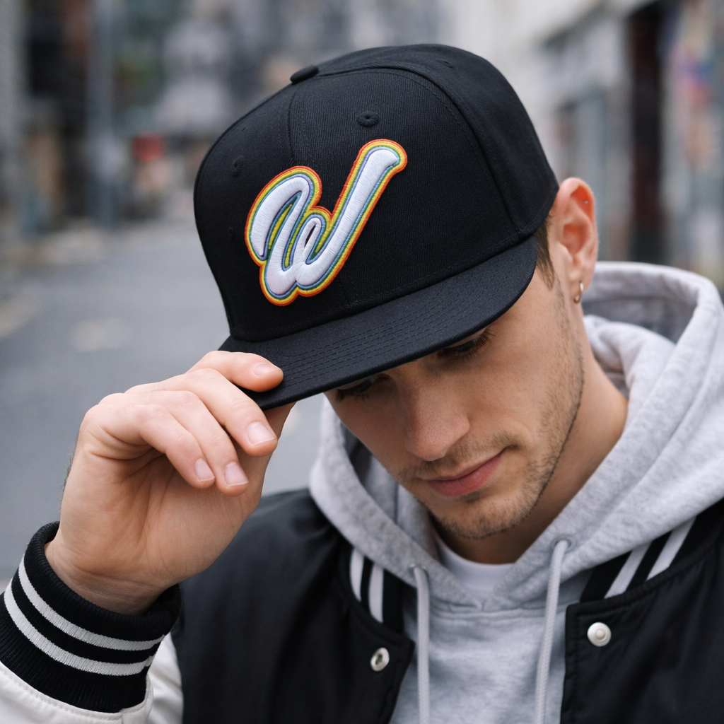 Premium Rainbow Logo Black Snapback Cap — Custom Streetwear Style