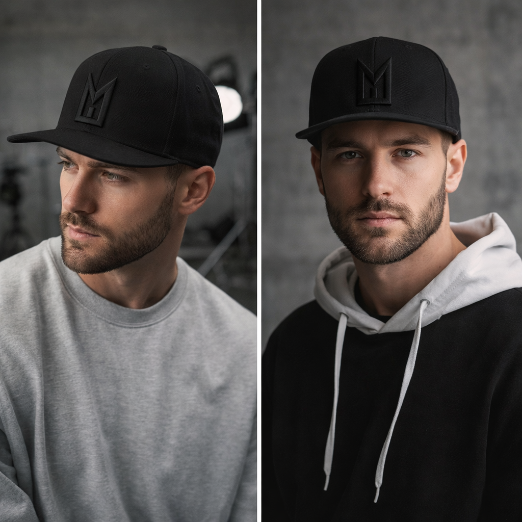 All Black Minimalist Snapback Cap – 3D Logo Flat Brim Hat