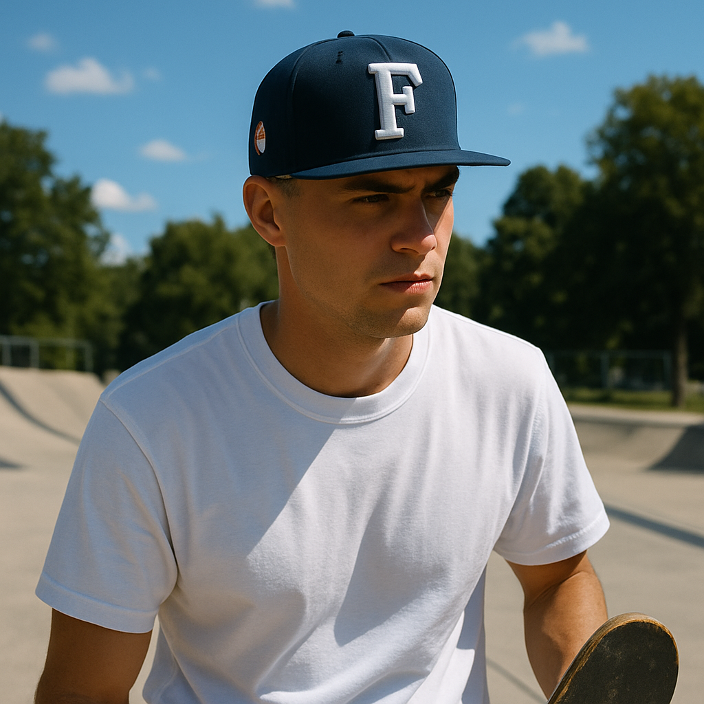 Navy Blue Letter Logo Snapback Cap – 3D Embroidered Flat Brim Hat