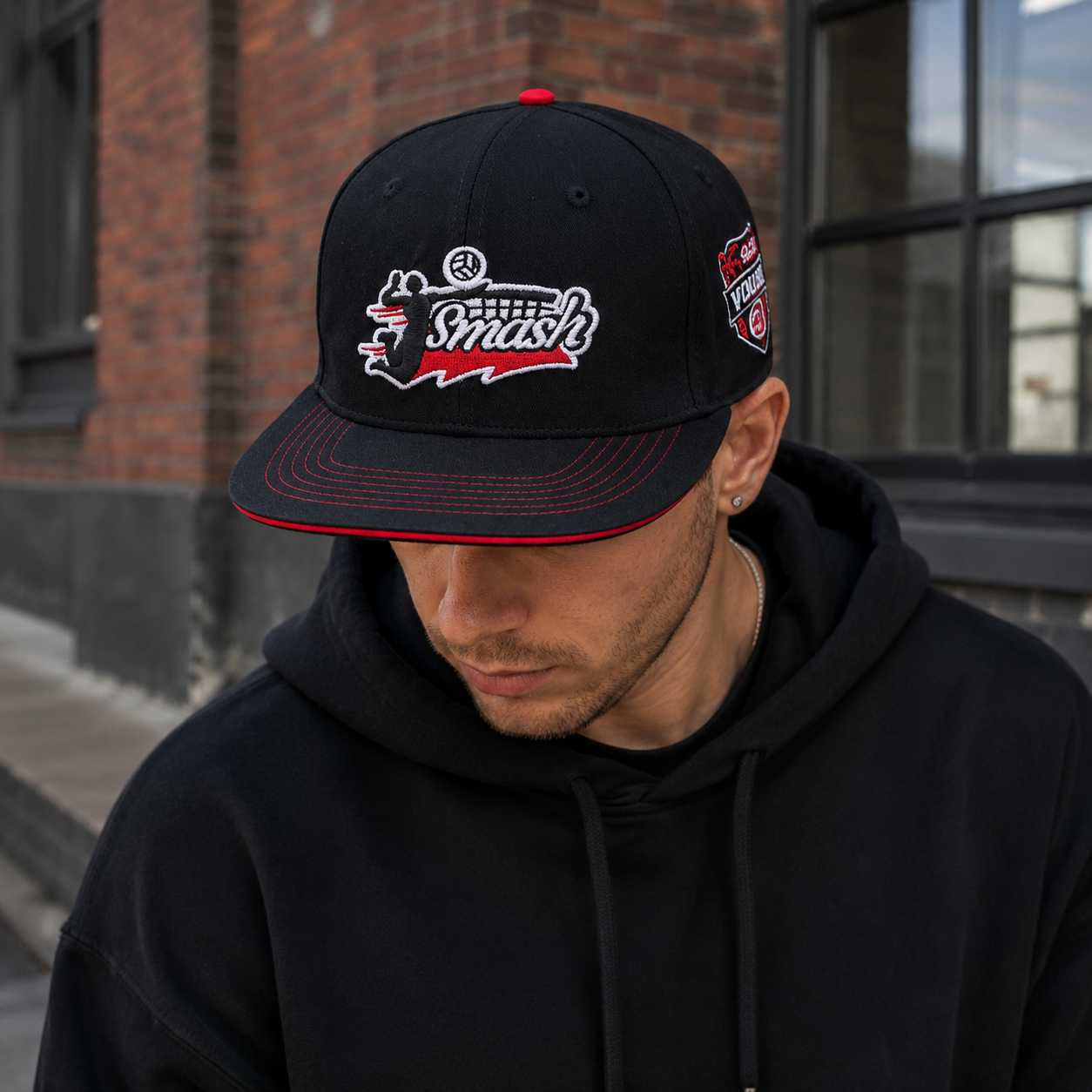 Black and Red Embroidered Flat Brim Snapback Cap