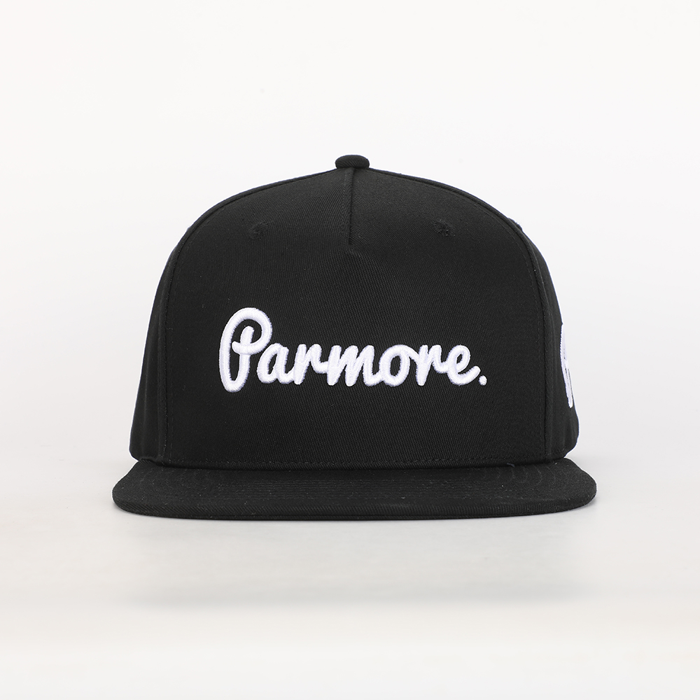 Black Flat Brim Snapback Cap with Embroidered Script Logo