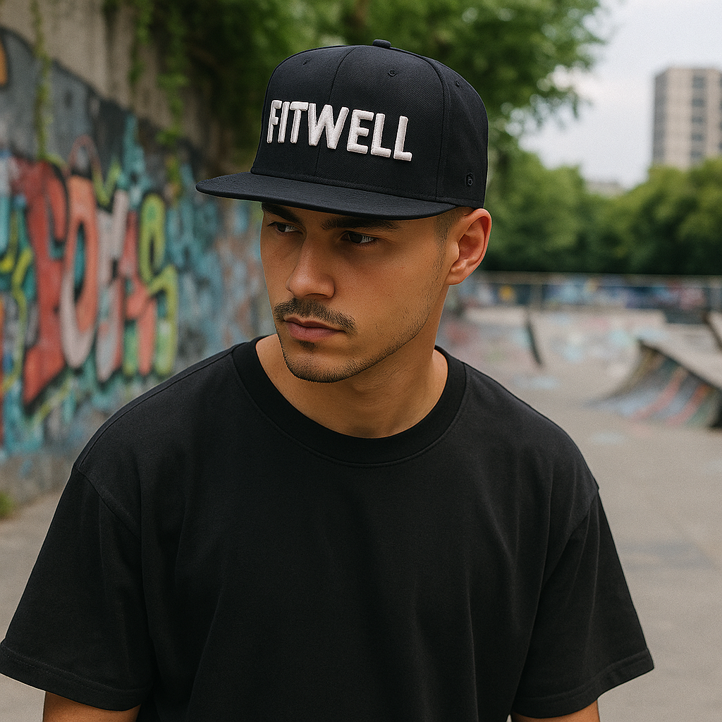 FITWELL Logo Black Flat Brim Snapback – Minimalist 3D Embroidered Cap