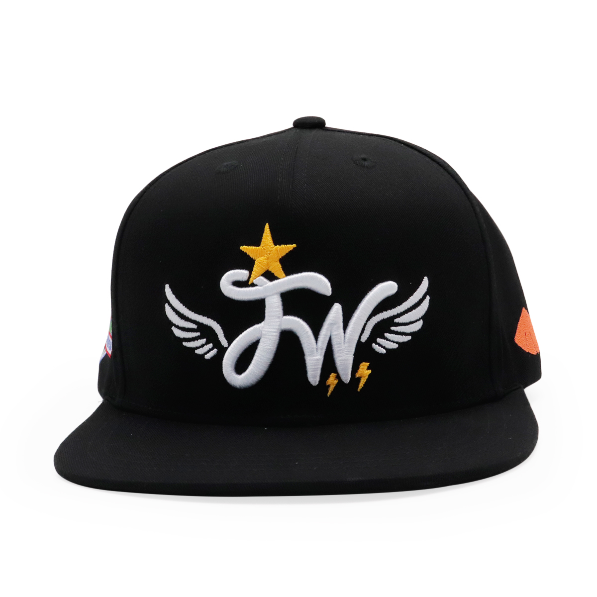 Black Six-Panel Flat Brim Snapback with Winged Monogram Embroidery