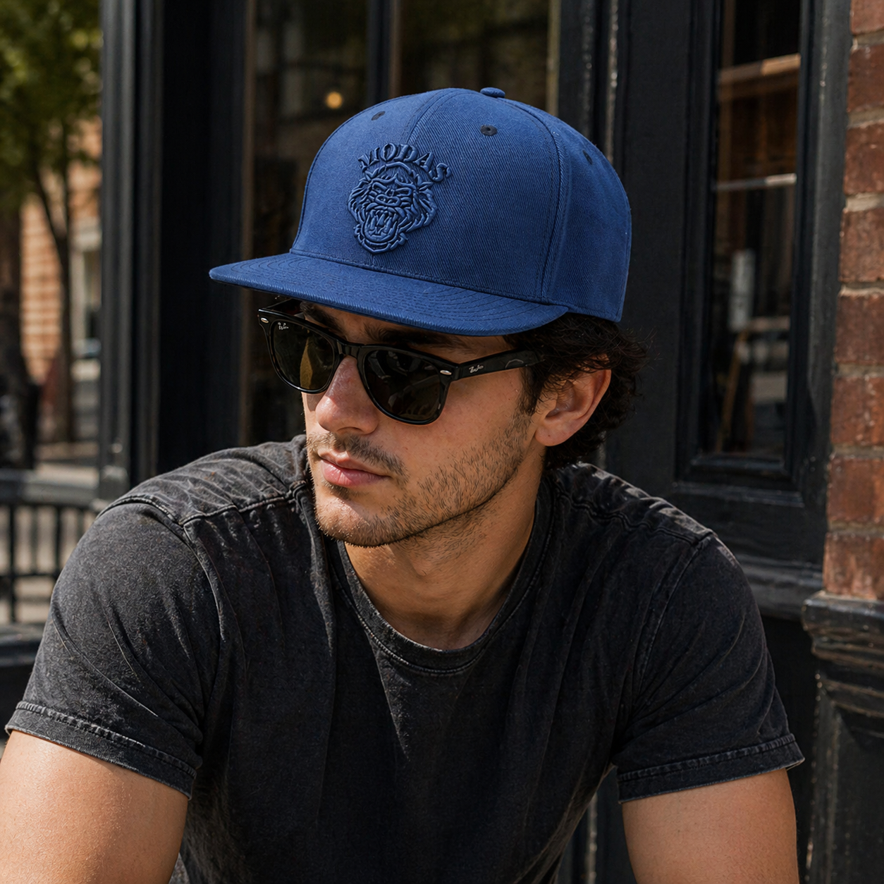Blue 6 Panel Snapback Cap with 3D Embroidered Lion Head Logo