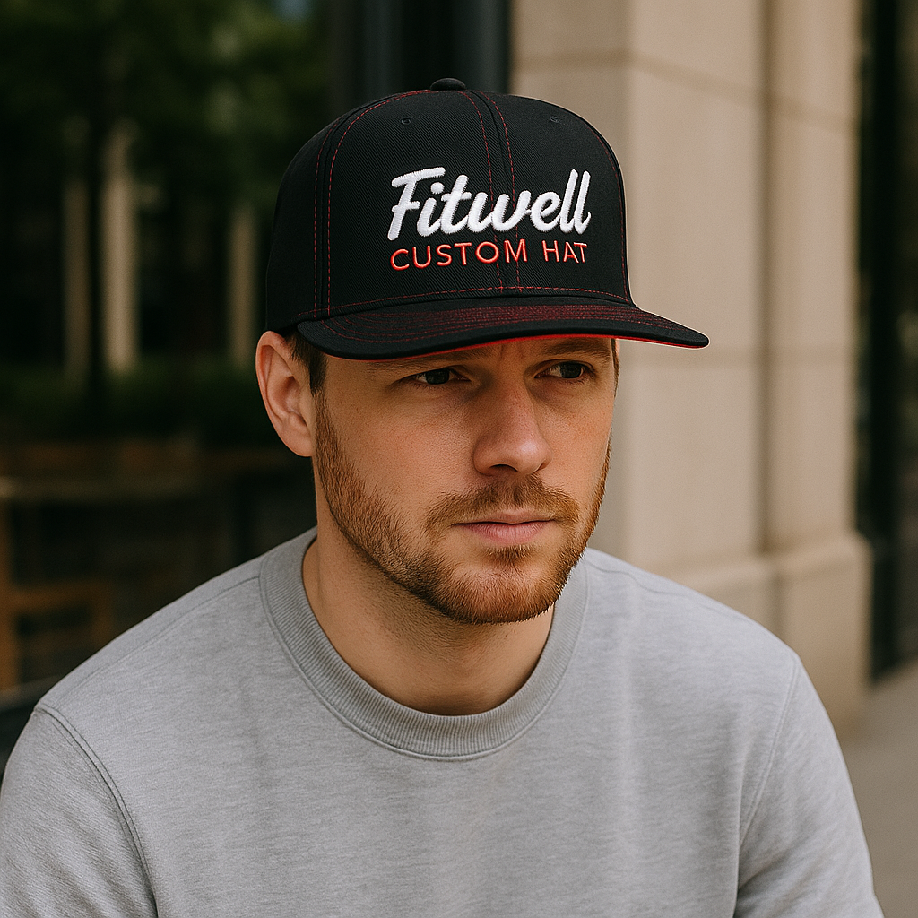 Fitwell Custom Red Stitch Flat Brim Cap with Embroidered Logo
