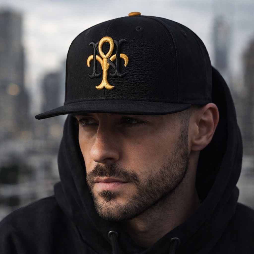 Black Flat Brim Monogram Embroidered Snapback Cap
