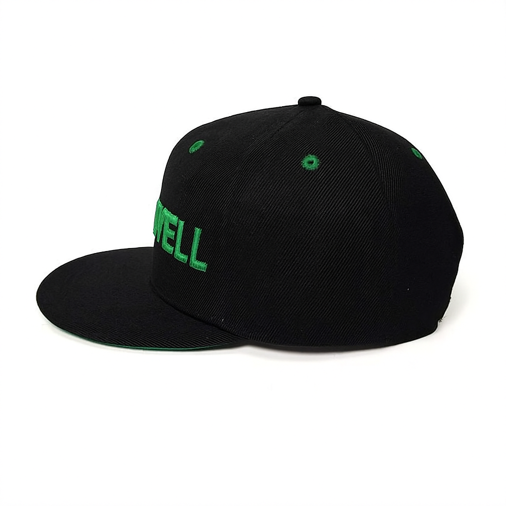 FITWELL Logo Embroidered Black Flat Brim Hat – Custom Green Detail Cap