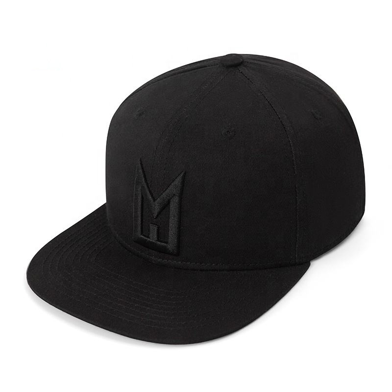 All Black Minimalist Snapback Cap – 3D Logo Flat Brim Hat