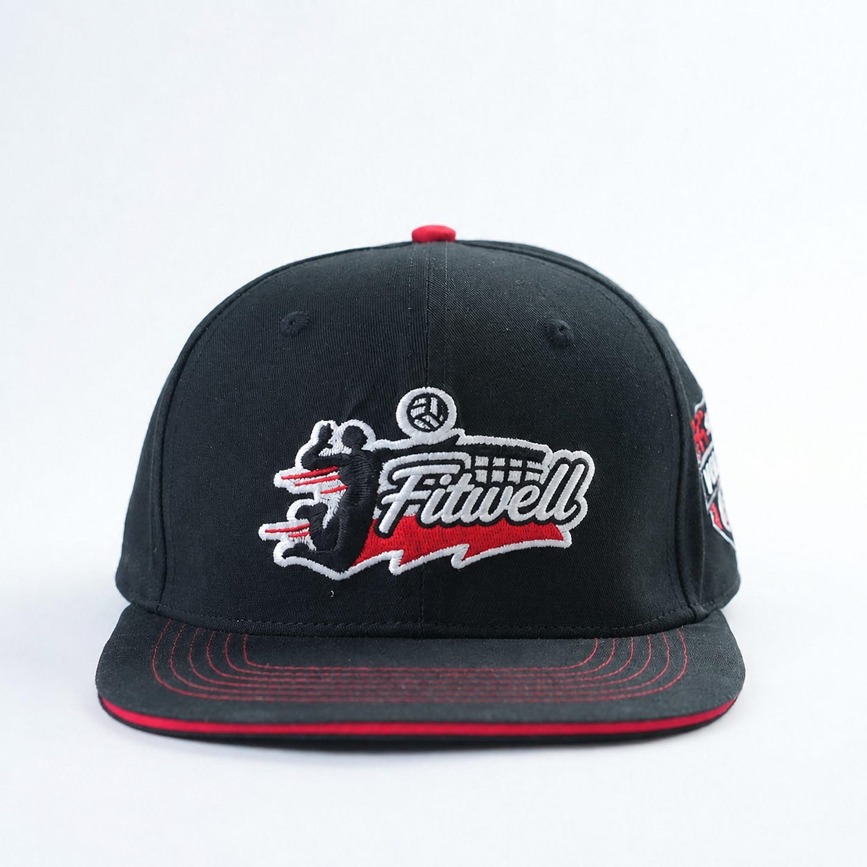 Black and Red Embroidered Flat Brim Snapback Cap