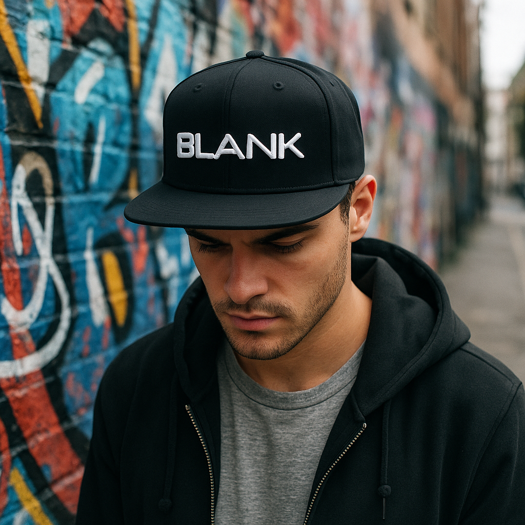 BLANK Text Embroidered Snapback Hat – Black 6-Panel Cap