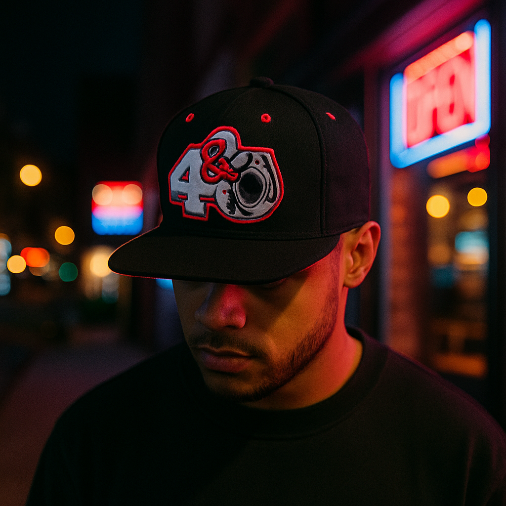 4&0 Snapback Hat with Red 3D Puff Embroidery – Black Speaker Edition