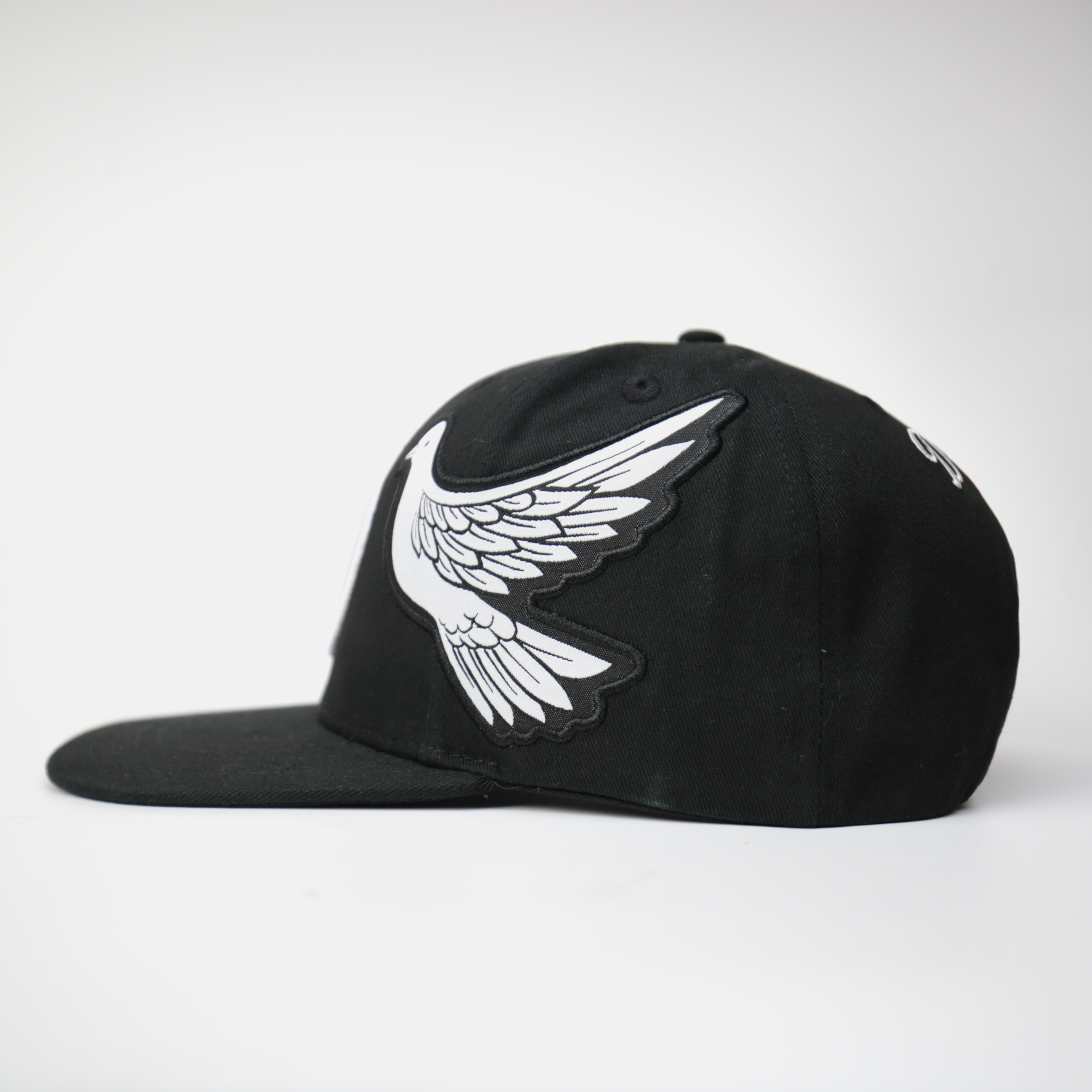 Black Snapback Cap with 3D “D” Embroidery and Flying Dove Patches – Streetwear Flat Brim Hat
