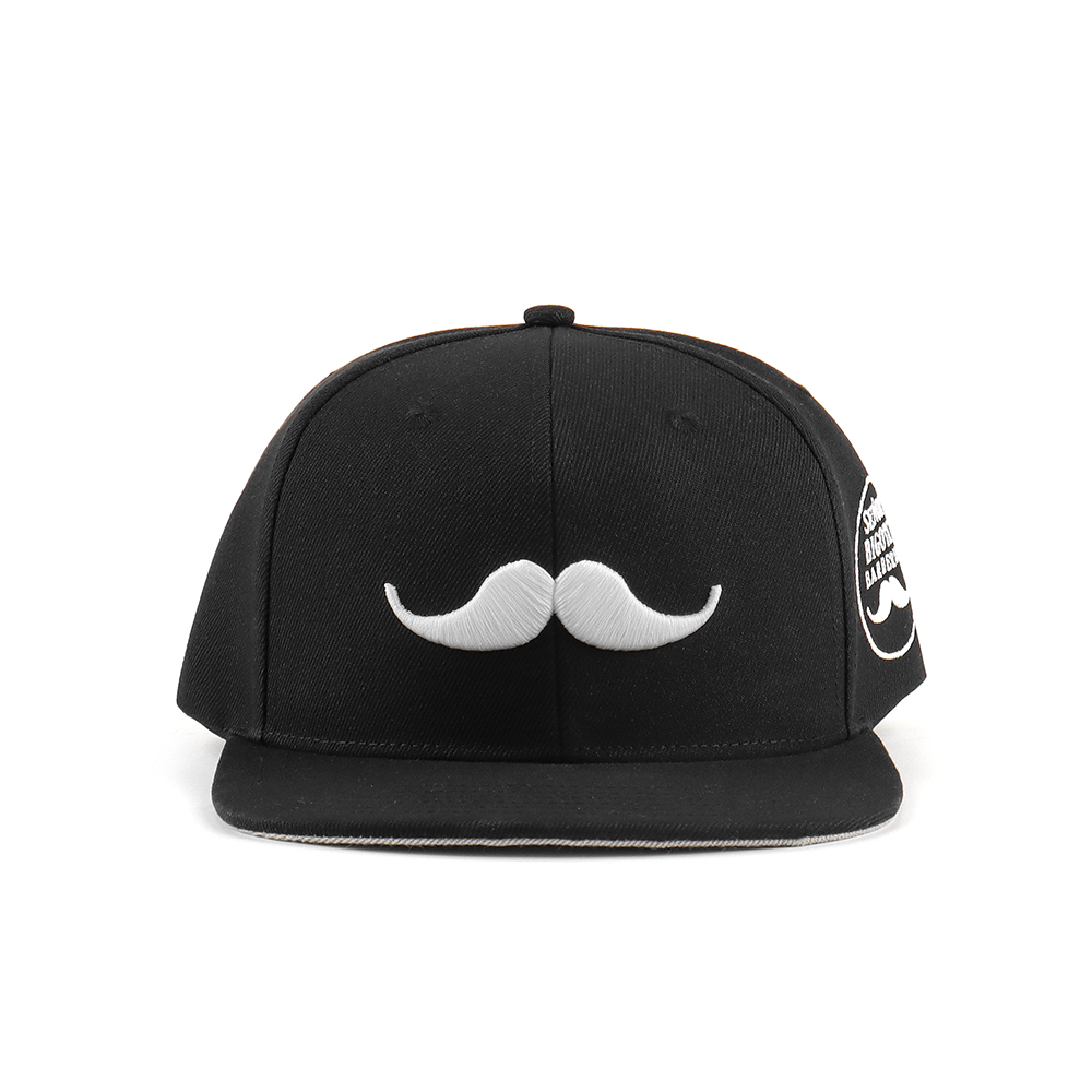 Black Snapback Hat with Mustache Embroidery – 6 Panel Streetwear Cap