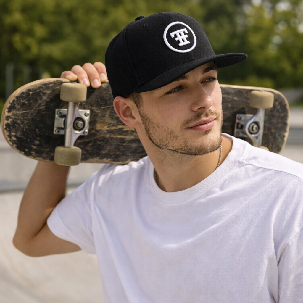 Black Flat Brim Snapback Hat with 3D Circle Logo Embroidery