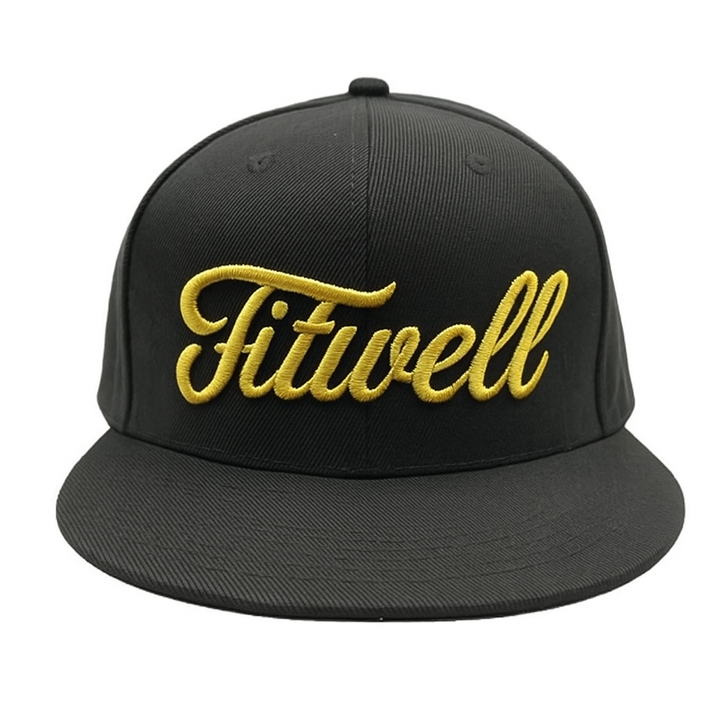 Fitwell Script Gold 3D Embroidery Snapback Hat – Black 6-Panel Cap