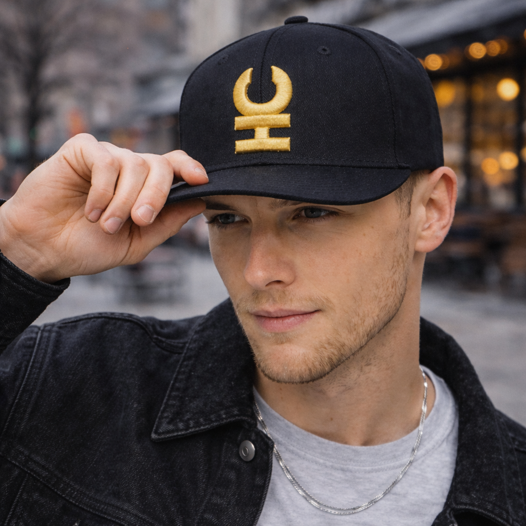 Black 6-Panel Snapback Hat with Bold Gold 3D Embroidery