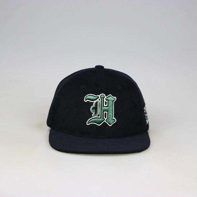 Corduroy Snapback Hat with Green Embroidered Letter