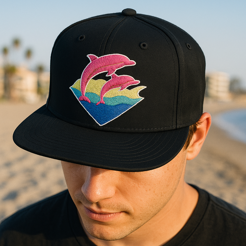 Black Flat Brim Snapback Hat with Pink Dolphin 3D Embroidery