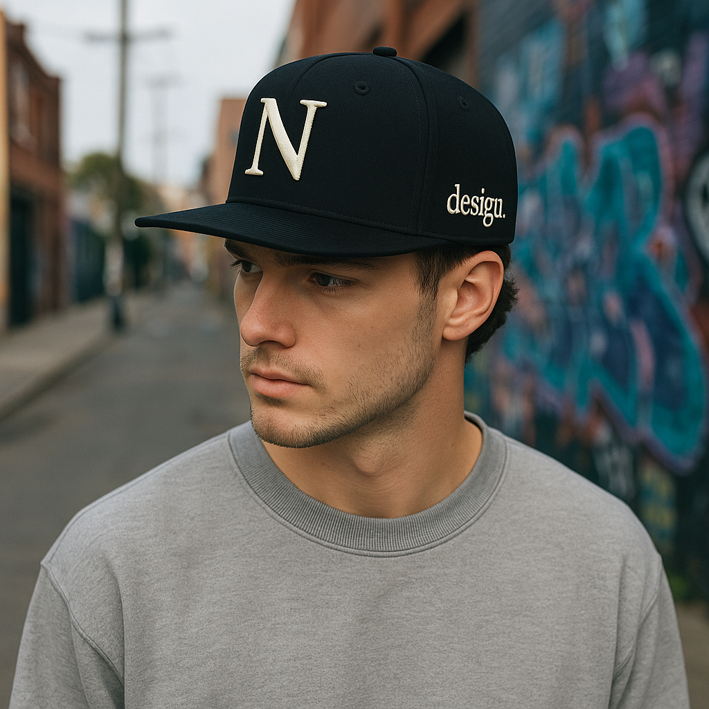 Custom N Design Embroidered Snapback – Black 6 Panel Flat Brim Hat