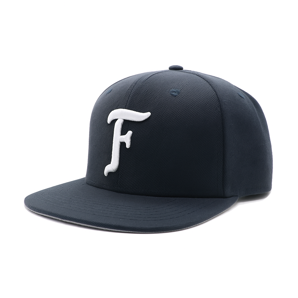 Navy Blue Letter Logo Snapback Cap – 3D Embroidered Flat Brim Hat
