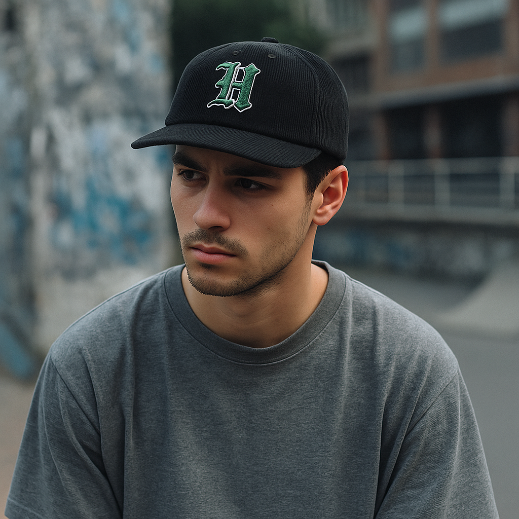 Corduroy Snapback Hat with Green Embroidered Letter