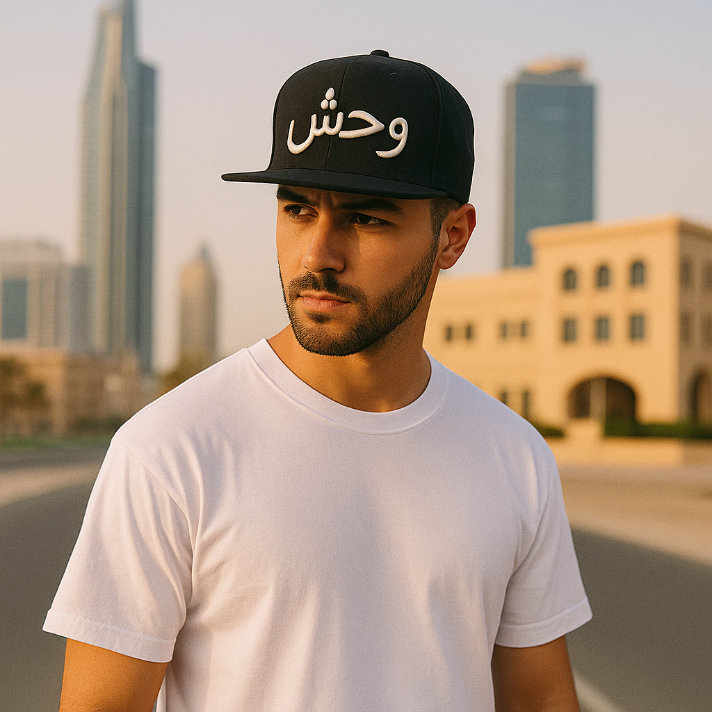 Black Arabic Embroidered Snapback Hat – “وحش” Streetwear Flat Brim Cap